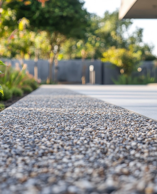 Bordure d'allée en gravier exposé aux tons gris et beige, en gros plan, bordant un patio clair avec un arrière-plan flou de verdure et de murs modernes.