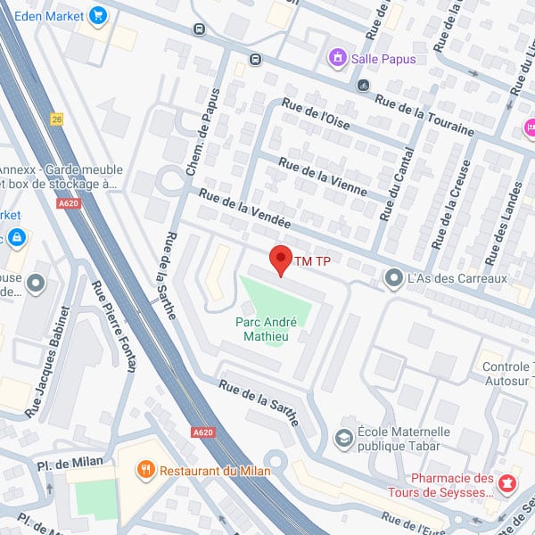 Carte routière localisant le point TM TP près du Parc André Mathieu et des rues Sarthé, Vendée, et A620.